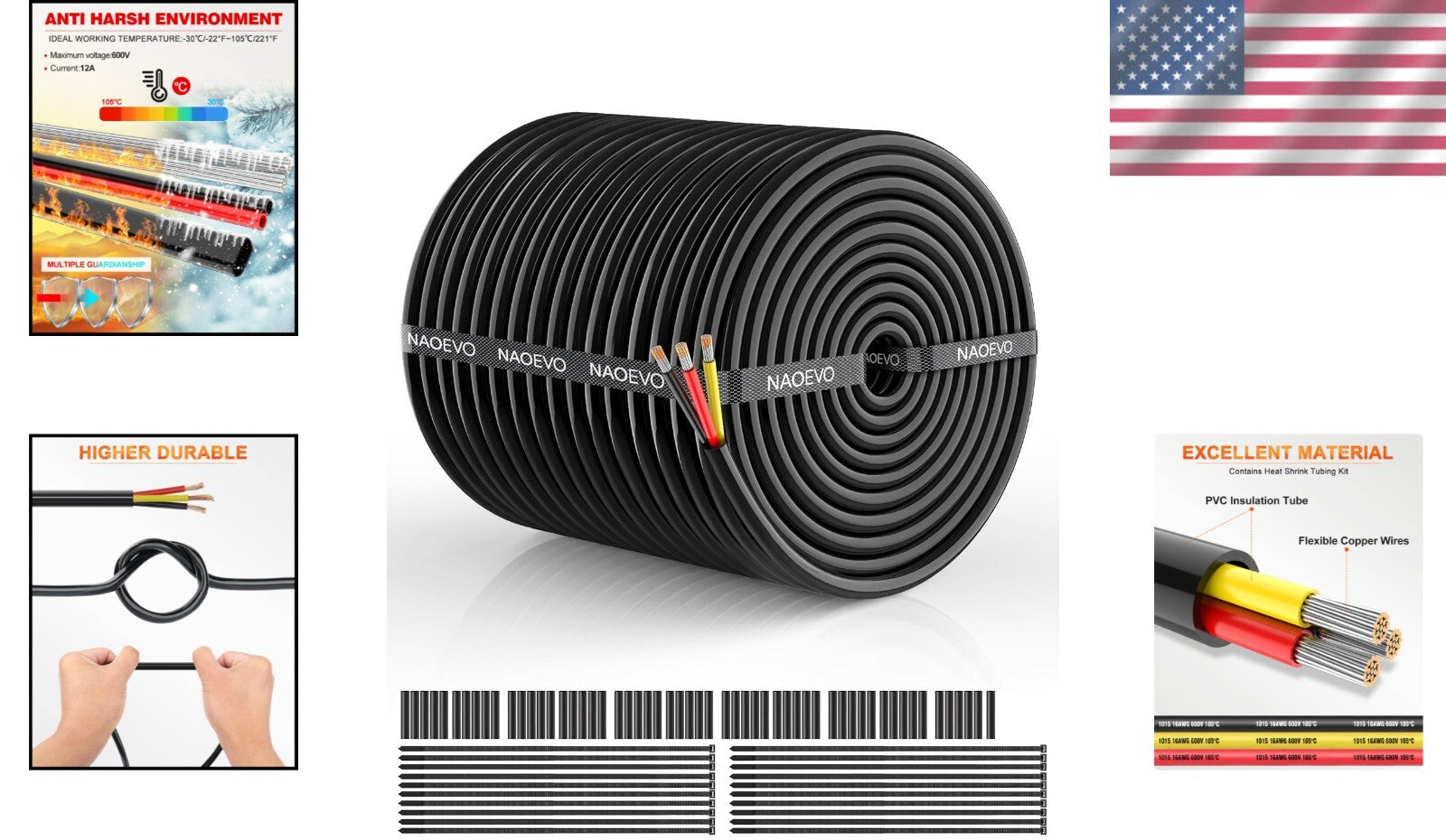 3 Conductor 16 AWG Tinned Copper Wiring - Ideal for Automotive & Marine Projects