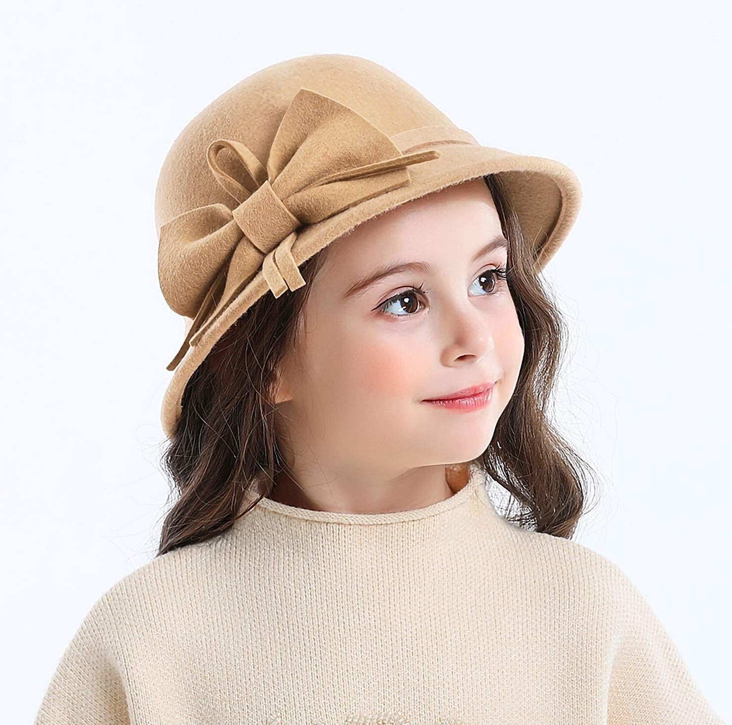 Adorable Girls 100% Wool Bucket Hat with Bowknot - Stylish Winter Fedora