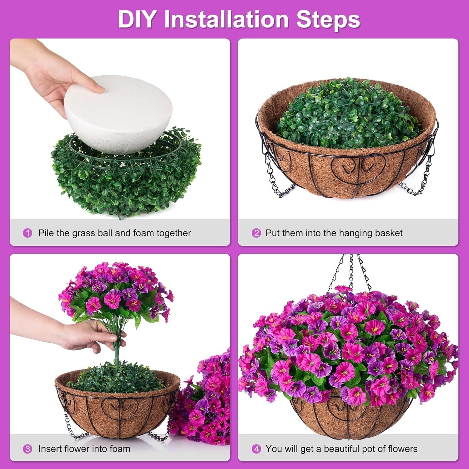 Elegant Faux Silk Petunias in Coconut Basket - Indoor/Outdoor Hanging Flowers