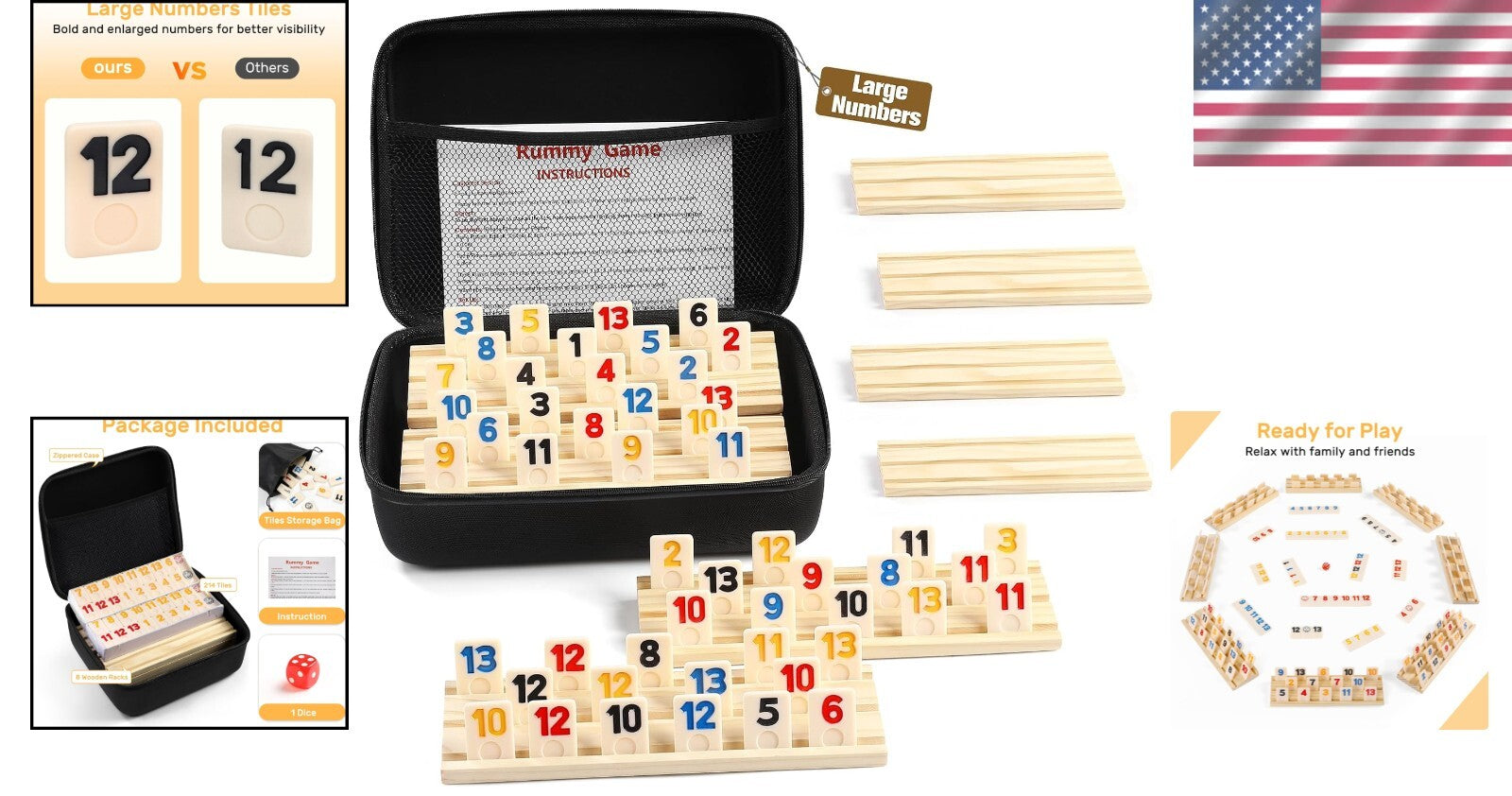 Family Rummy Cube Game 8 Player Edition with Vibrant Tiles and Wooden Holders
