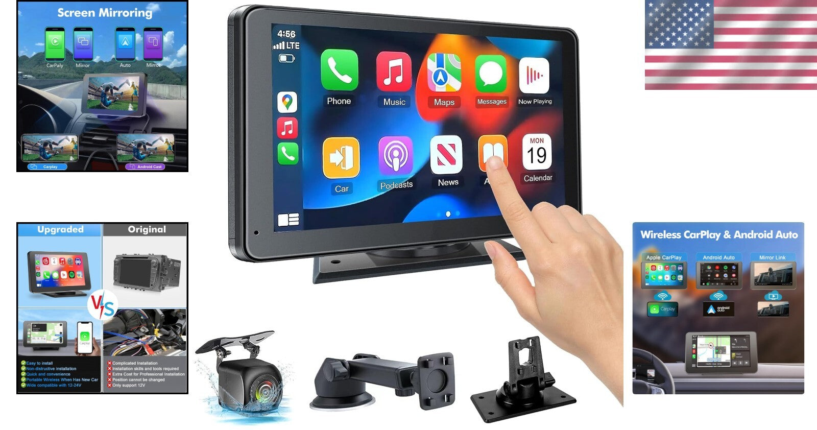 Portable 7-Inch Wireless Carplay Screen with Voice Control & HD Video Features