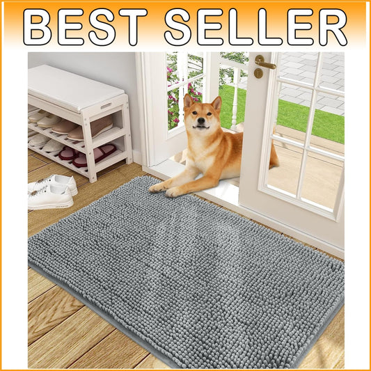 48x30 Absorbent Chenille Dog Door Mat - Soft Grey Non-Slip Entryway Rug