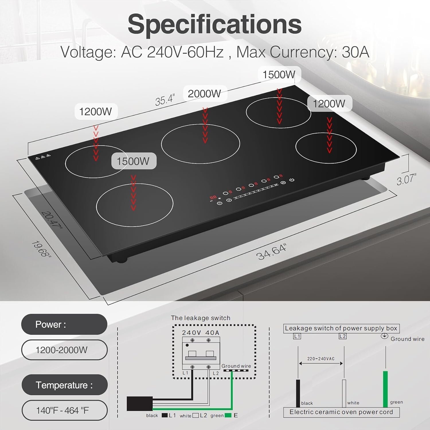 Efficient 36'' Induction Cooktop with 5 High-Power Burners and Safety Features