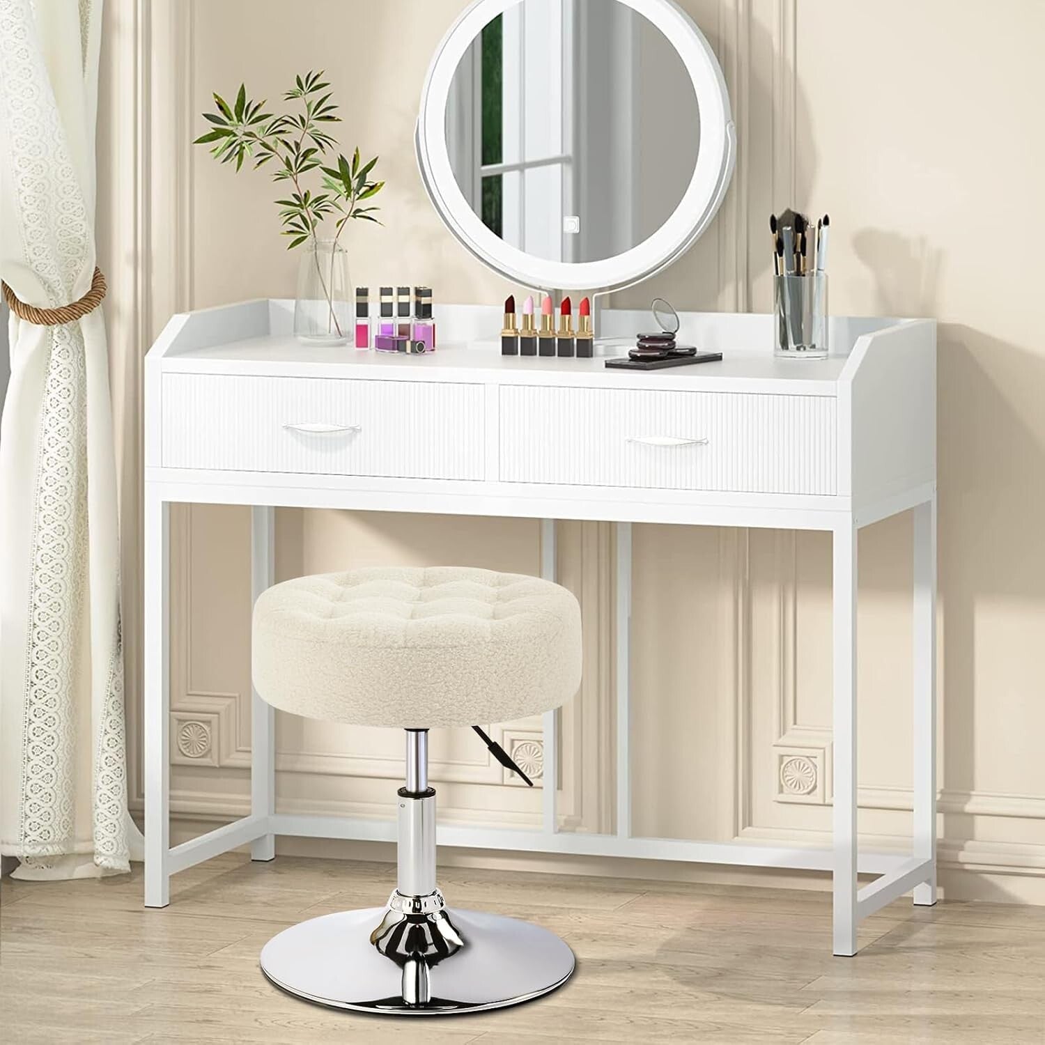 Elegant Round Makeup Vanity Stool - Adjustable Ivory White Faux Fur Ottoman