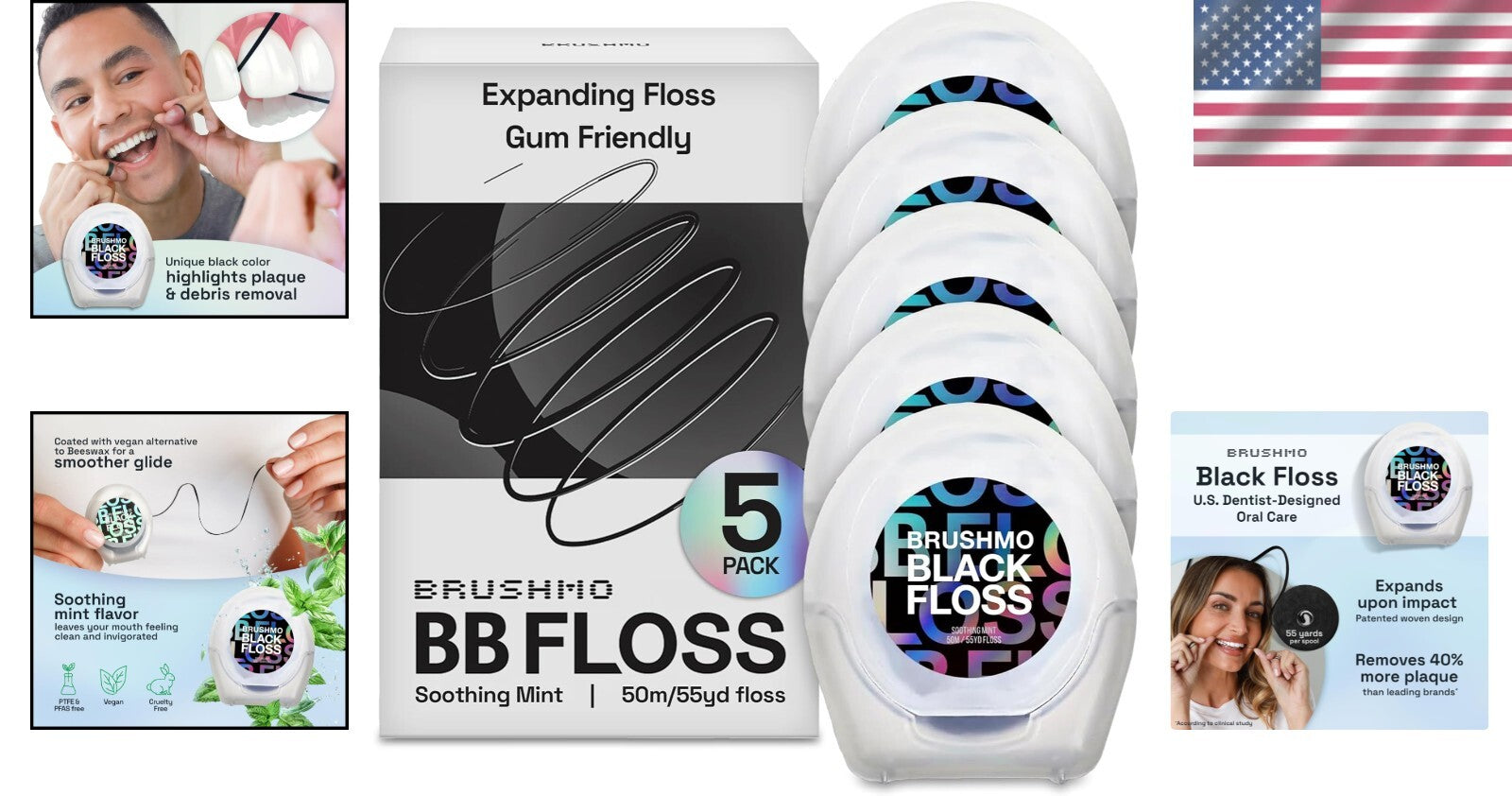 Advanced Black Floss - Expanding Mint Floss for Superior Plaque Control, 275 yd