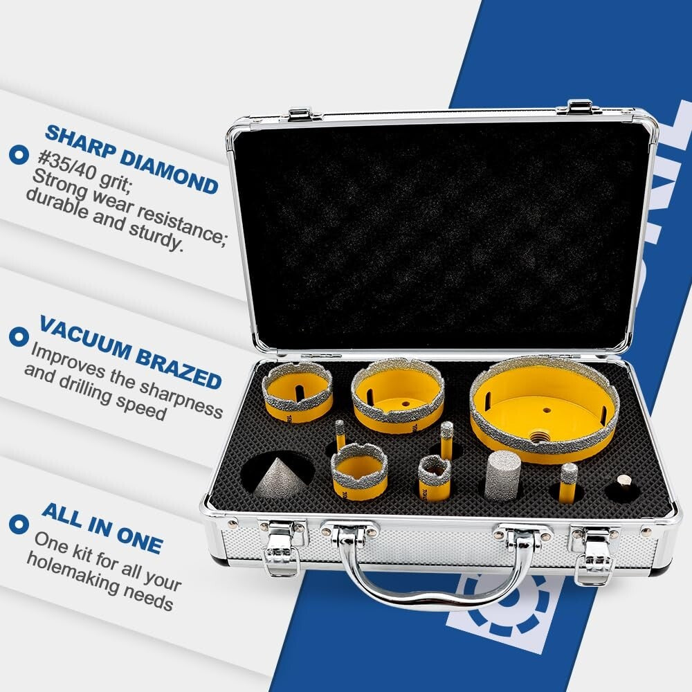 Vacuum Brazed Diamond Drill Bits Kit with Chamfer & Finger Bits - 8 Pieces