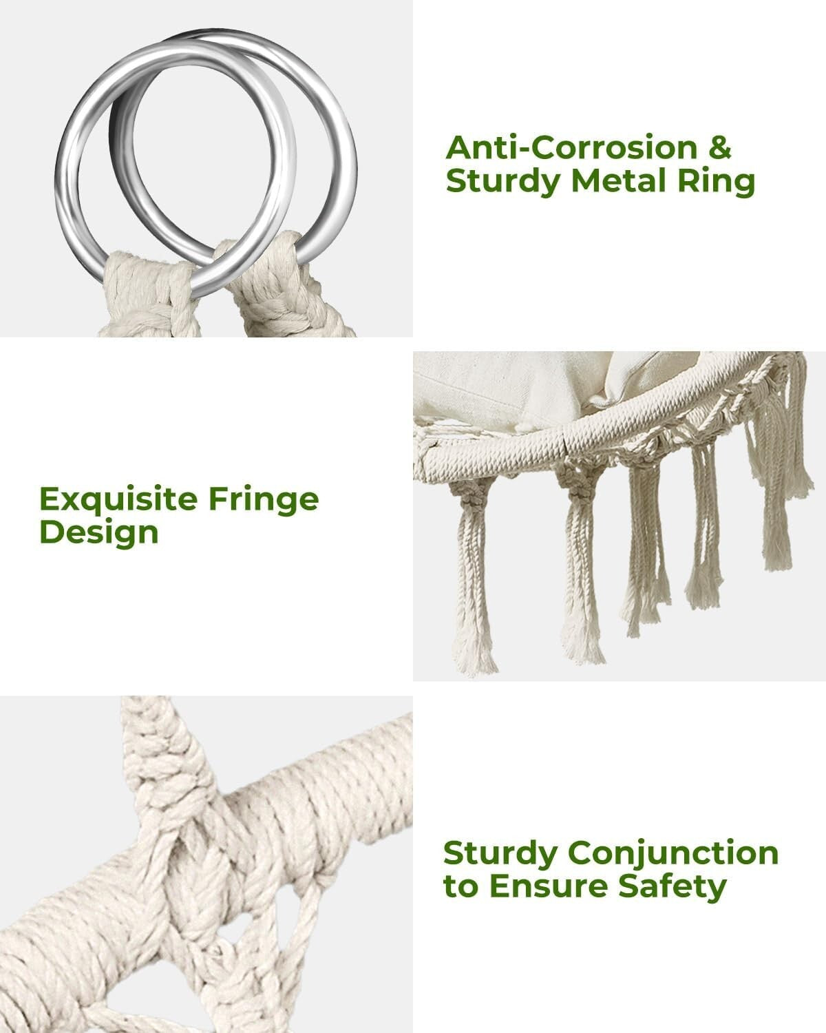 Versatile Macrame Hanging Chair with Adjustable Cushion – 330lbs Capacity, Beige