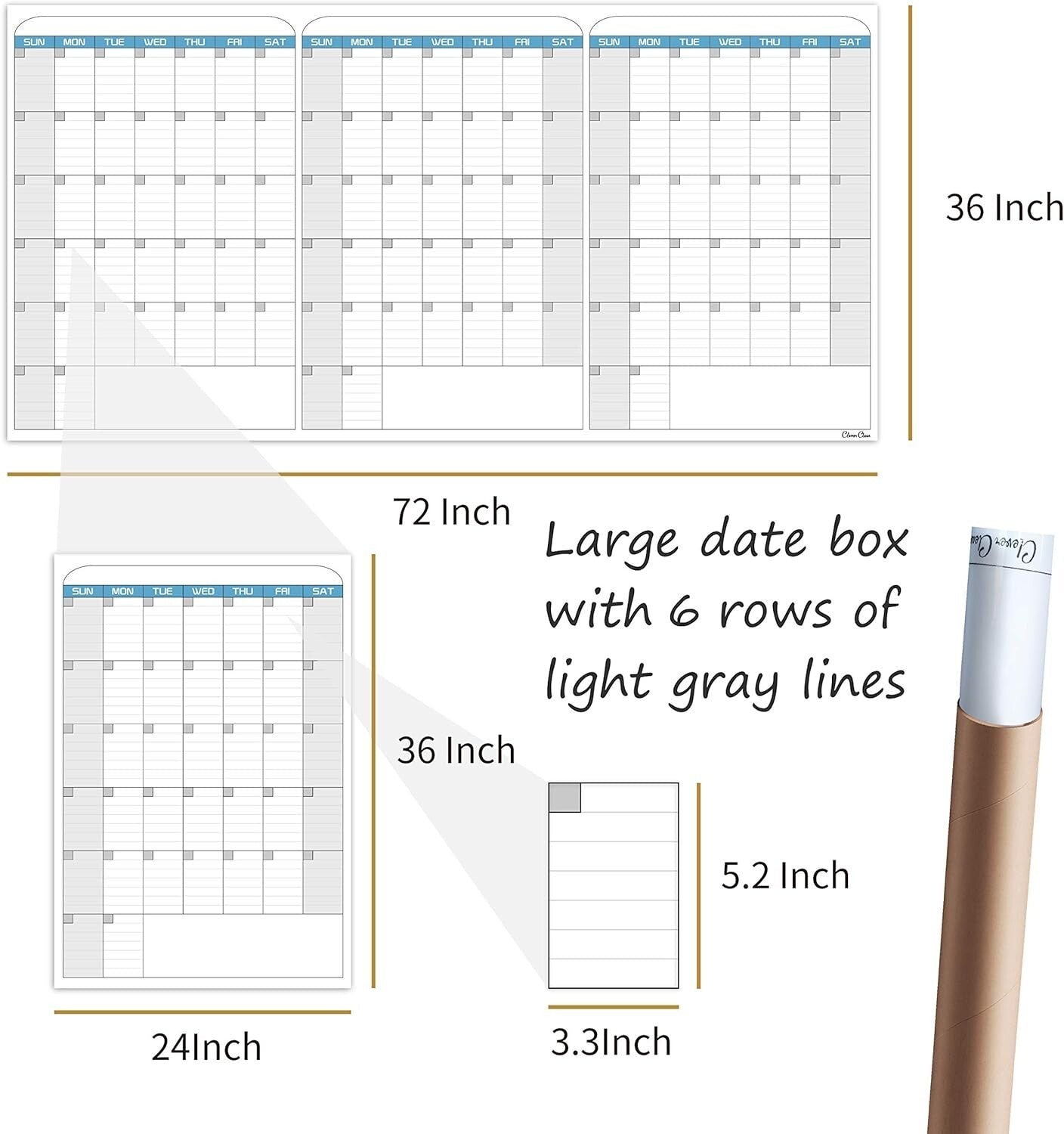Extra Large 36"x72" Dry Erase Wall Calendar - 3-Month Organizer for Home/Office