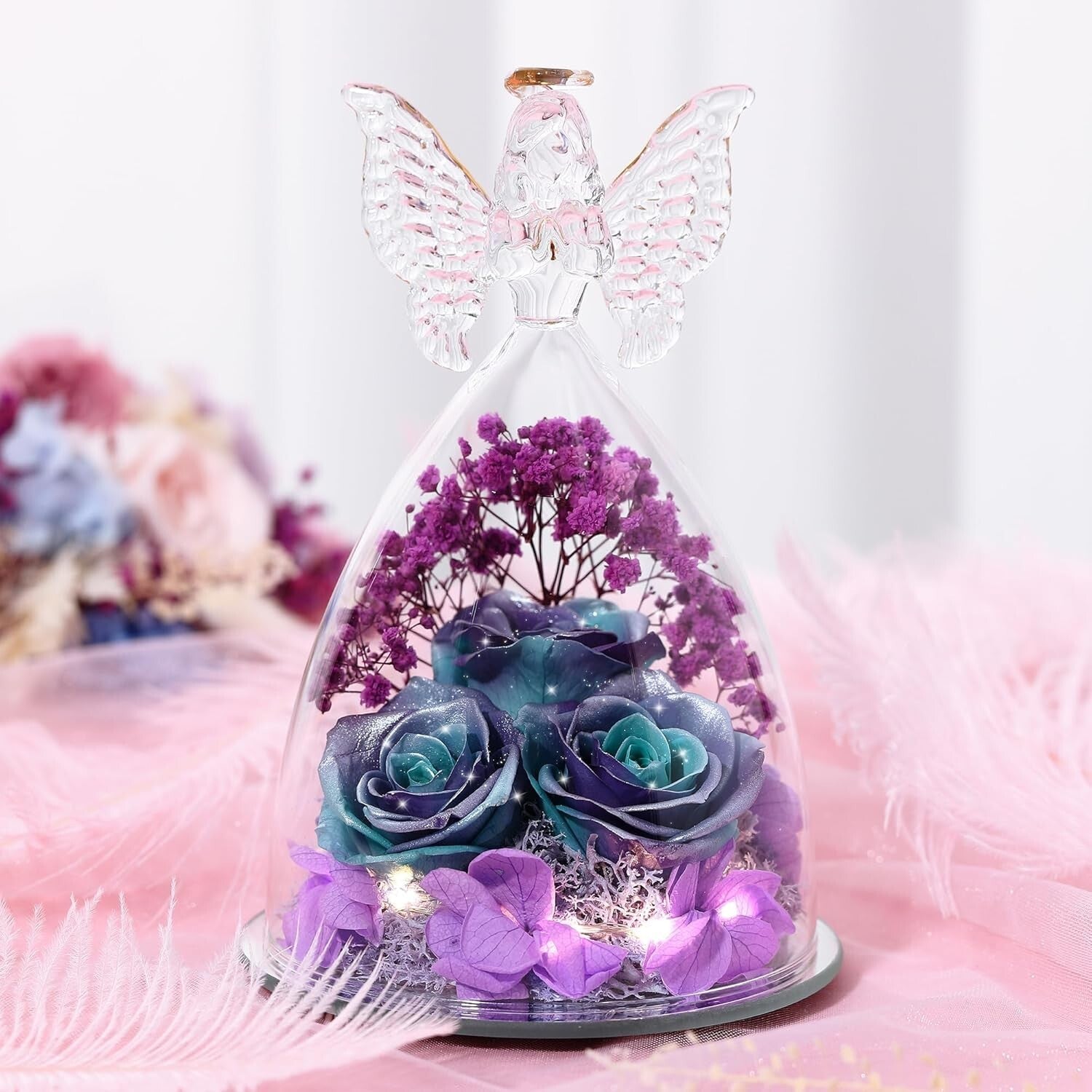 Eternal Roses in Glitter Blue-Purple Glass Angel Gift - Perfect for Mother's Day