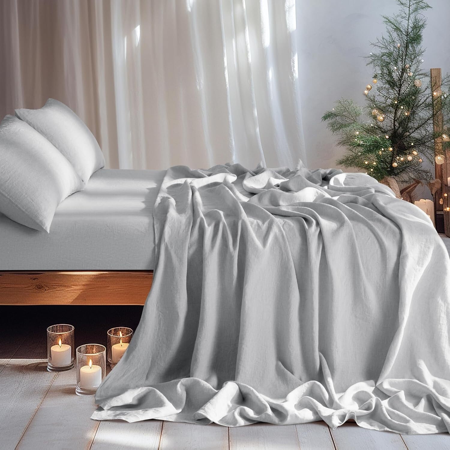 Breathable 100% Linen Bed Sheets Set, Full Size, Deep Pocket, All Season Comfort