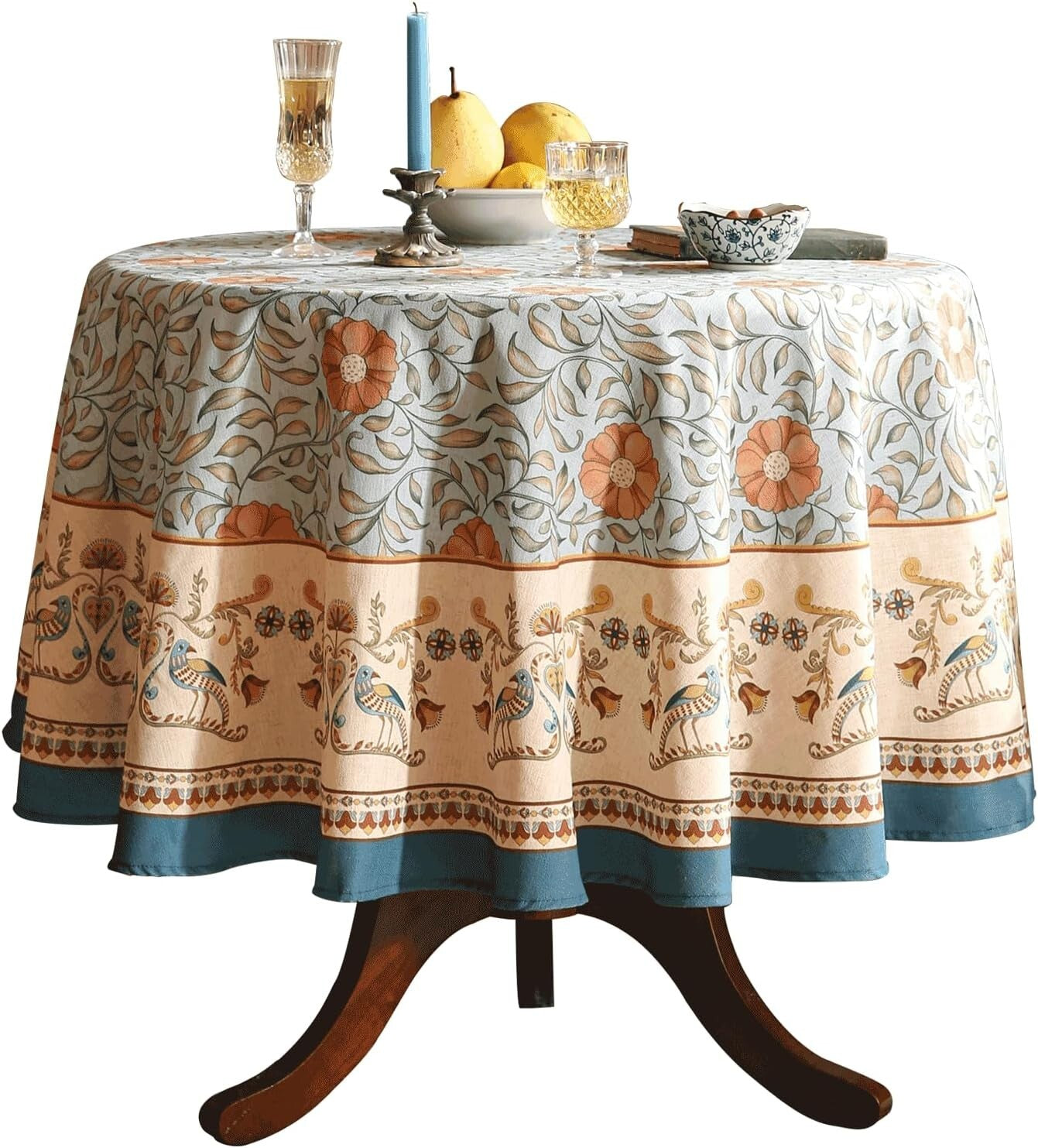Elegant French Country Rustic Tablecloth - 67" Round with Pleated Corners