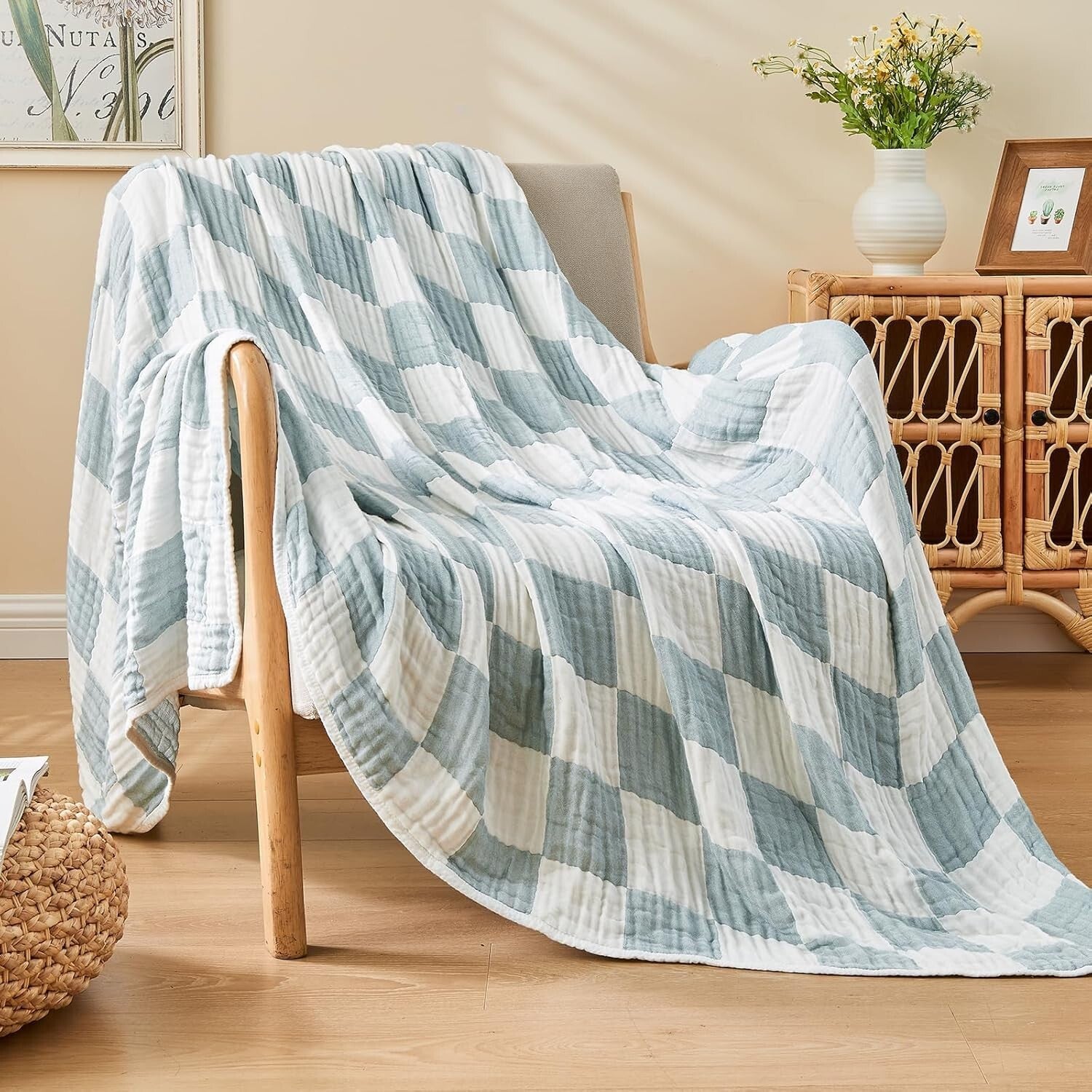Breathable Cotton Rayon Blanket Twin 60"x80" - Checkered Teal for Stylish Living