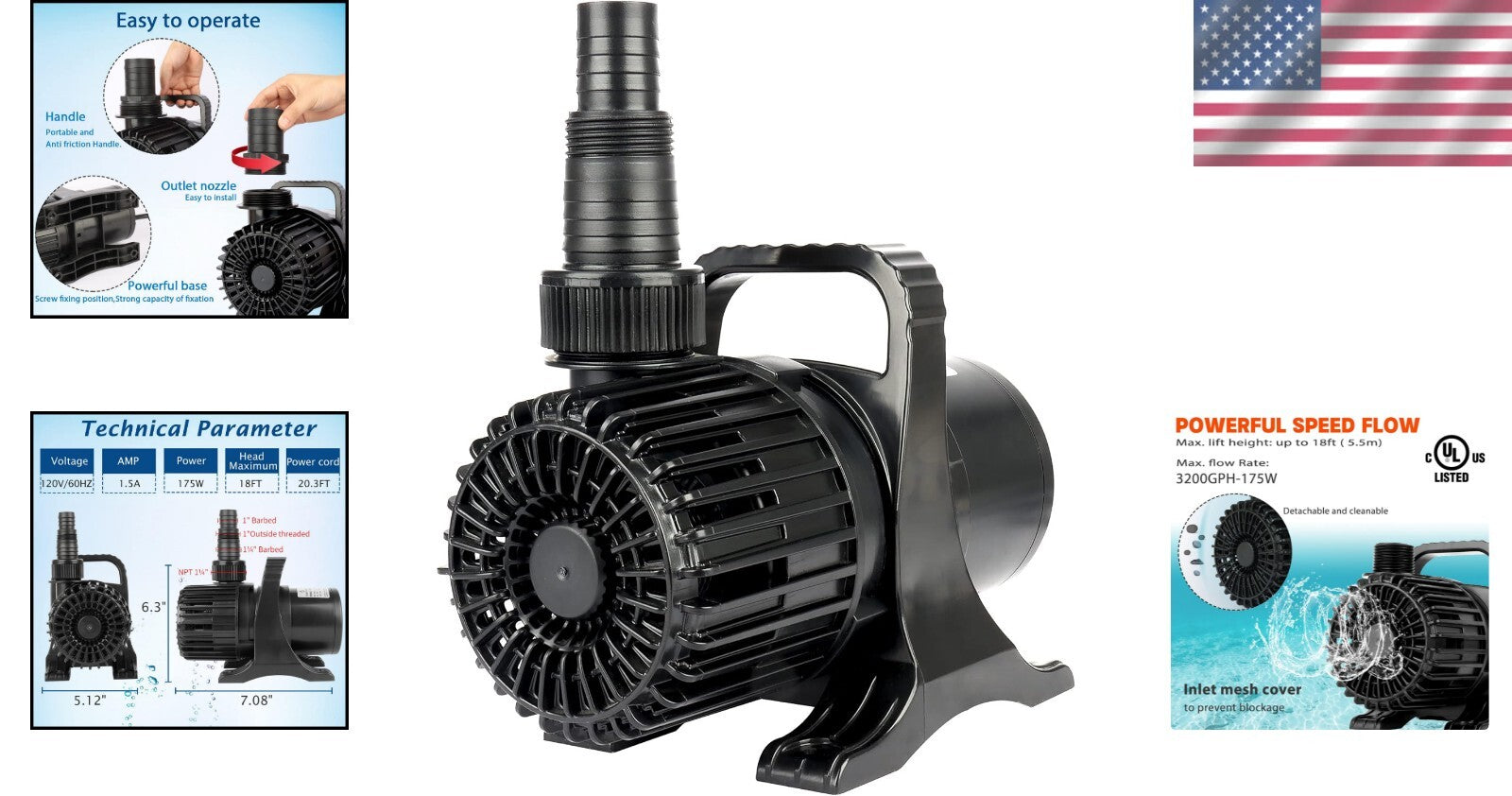 Energy-Efficient 3200GPH Fountain Pump with Over-Heat Protection & Quiet Use