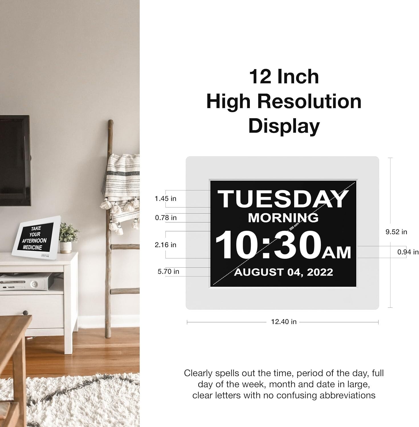 Dementia Clock 2025: 12-Inch Large Digital Display with Custom Alarms in Black