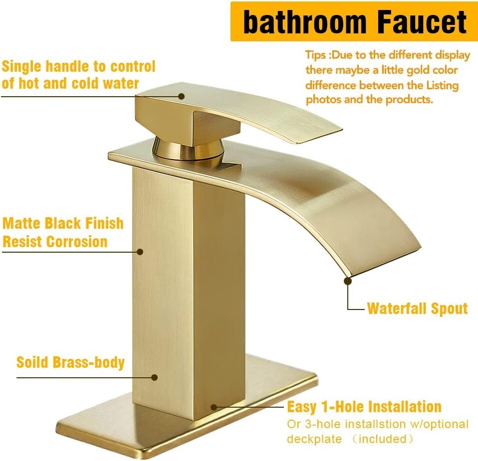 Stylish Brushed Gold Sink Faucet - Waterfall Spout, Short Design, Easy Install