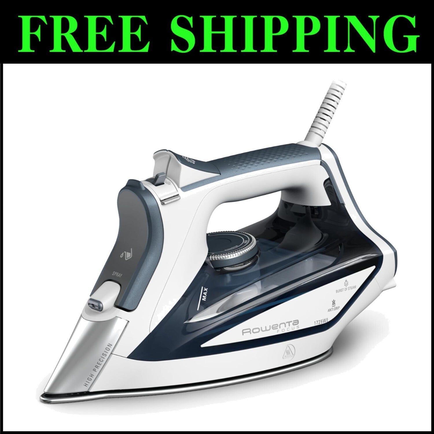 Powerful 1725W Steam Iron with Stainless Steel Soleplate & 400 Microsteam Holes