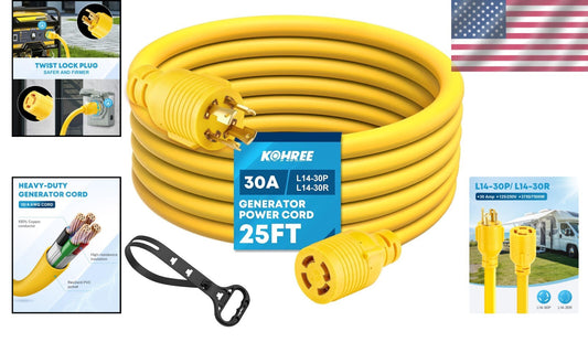 Portable 25FT Generator Extension Cord 30 Amp with Locking Plug - Weatherproof
