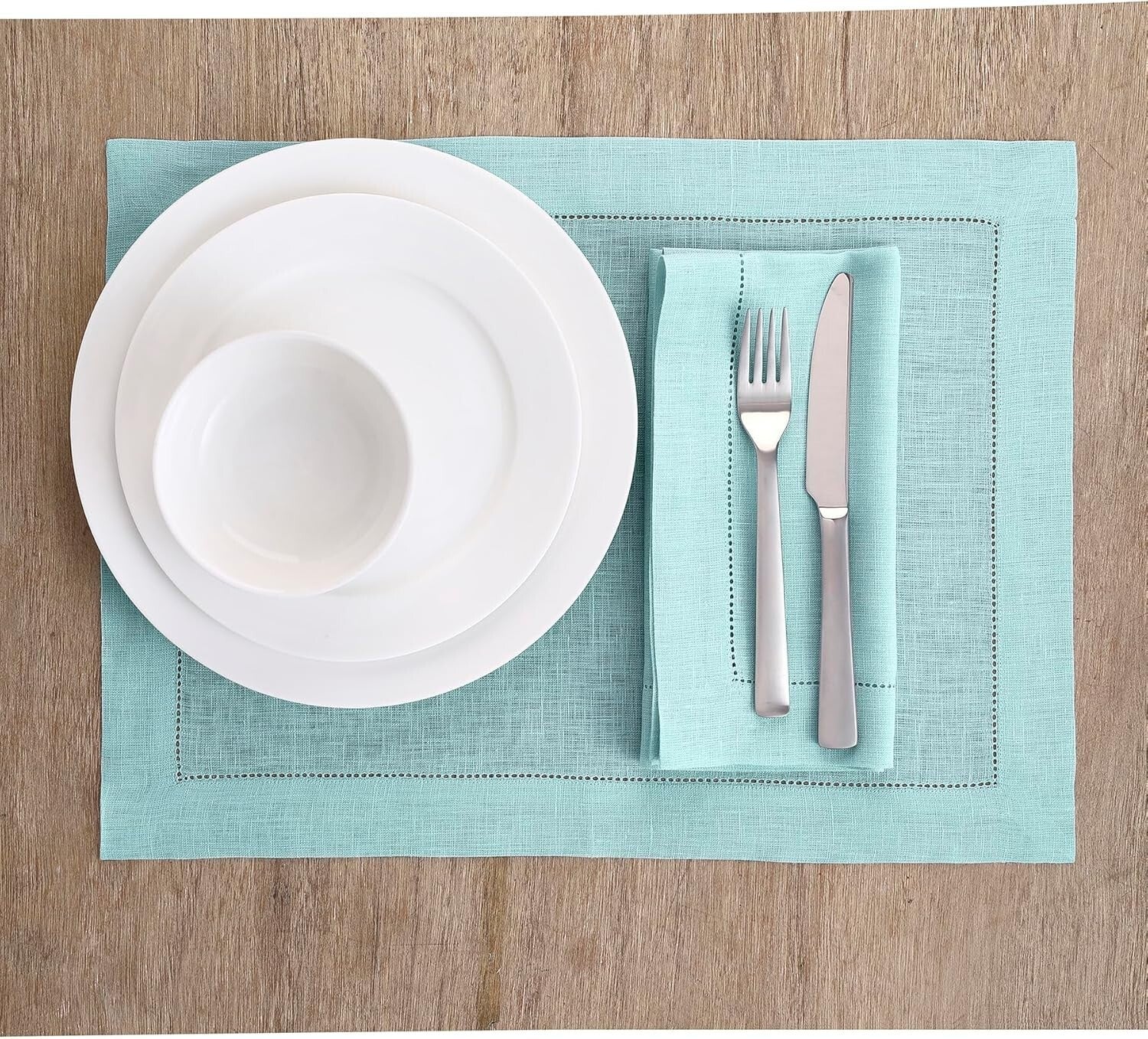 Handcrafted Aqua Blue Linen Napkins - Set of 4, 20 x 20 Inch, Hemstitch Design