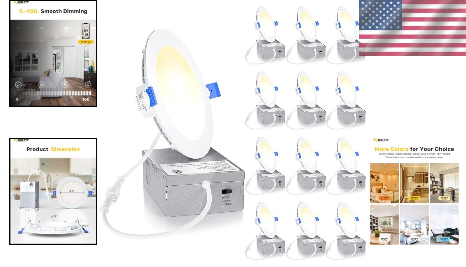 750 Lumens Adjustable Color Dimmable 4 Inch LED Recessed Ceiling Lights Pack