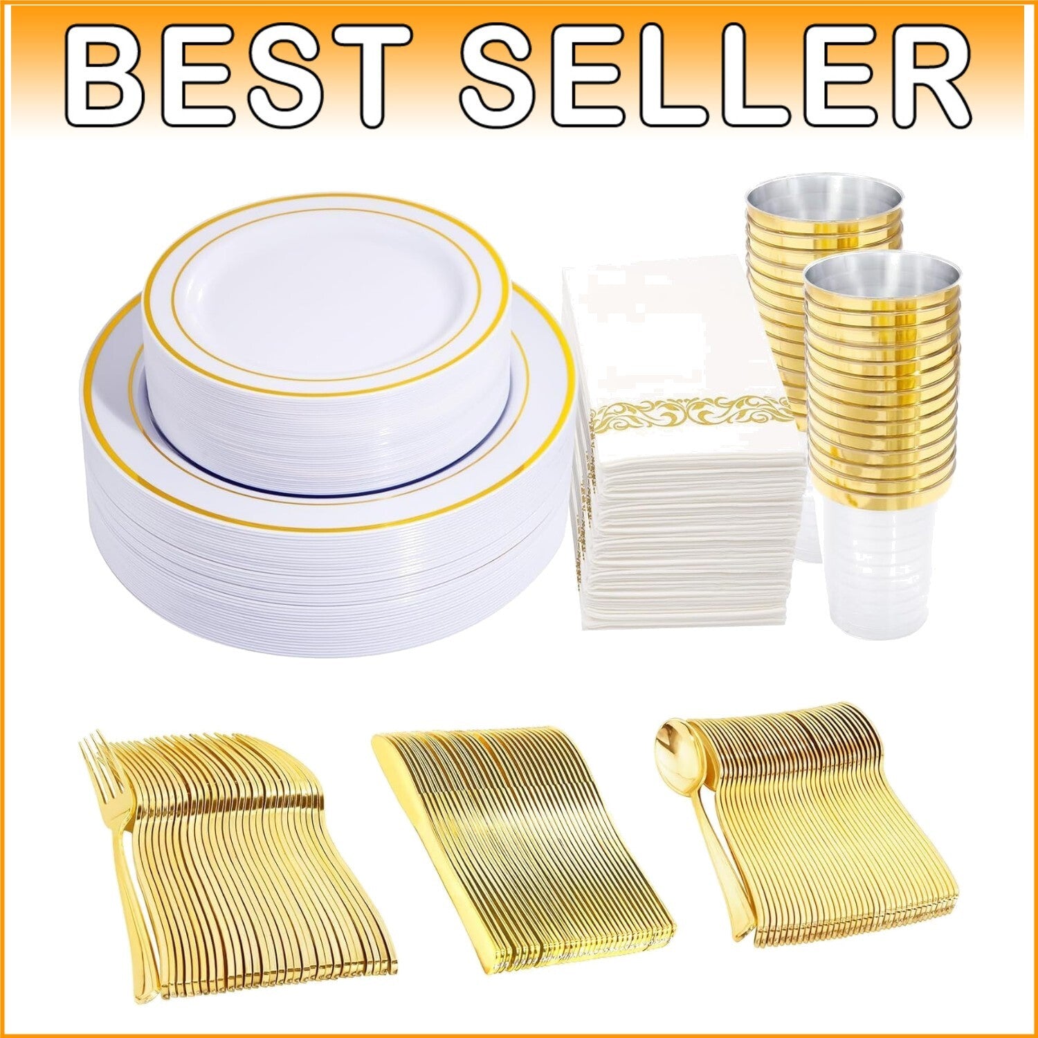 Elegant 350-Piece Gold Plastic Dinnerware Set for 50 Guests - Complete Party Kit