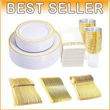 Load image into Gallery viewer, Elegant 350-Piece Gold Plastic Dinnerware Set for 50 Guests - Complete Party Kit