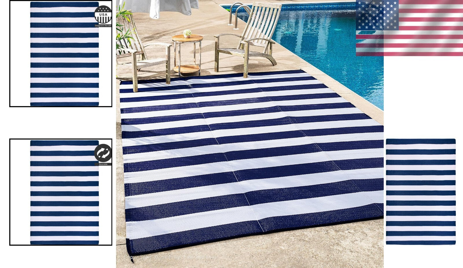 Stain Resistant Outdoor Rug - Waterproof Recycled Plastic, 4x6 ft Blue Stripes