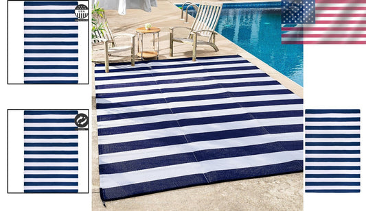 Stain Resistant Outdoor Rug - Waterproof Recycled Plastic, 4x6 ft Blue Stripes