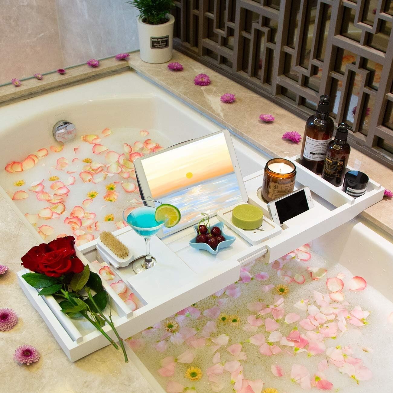 Expandable Bamboo Bathtub Caddy Tray - Elegant White Bath Table with Wine Holder