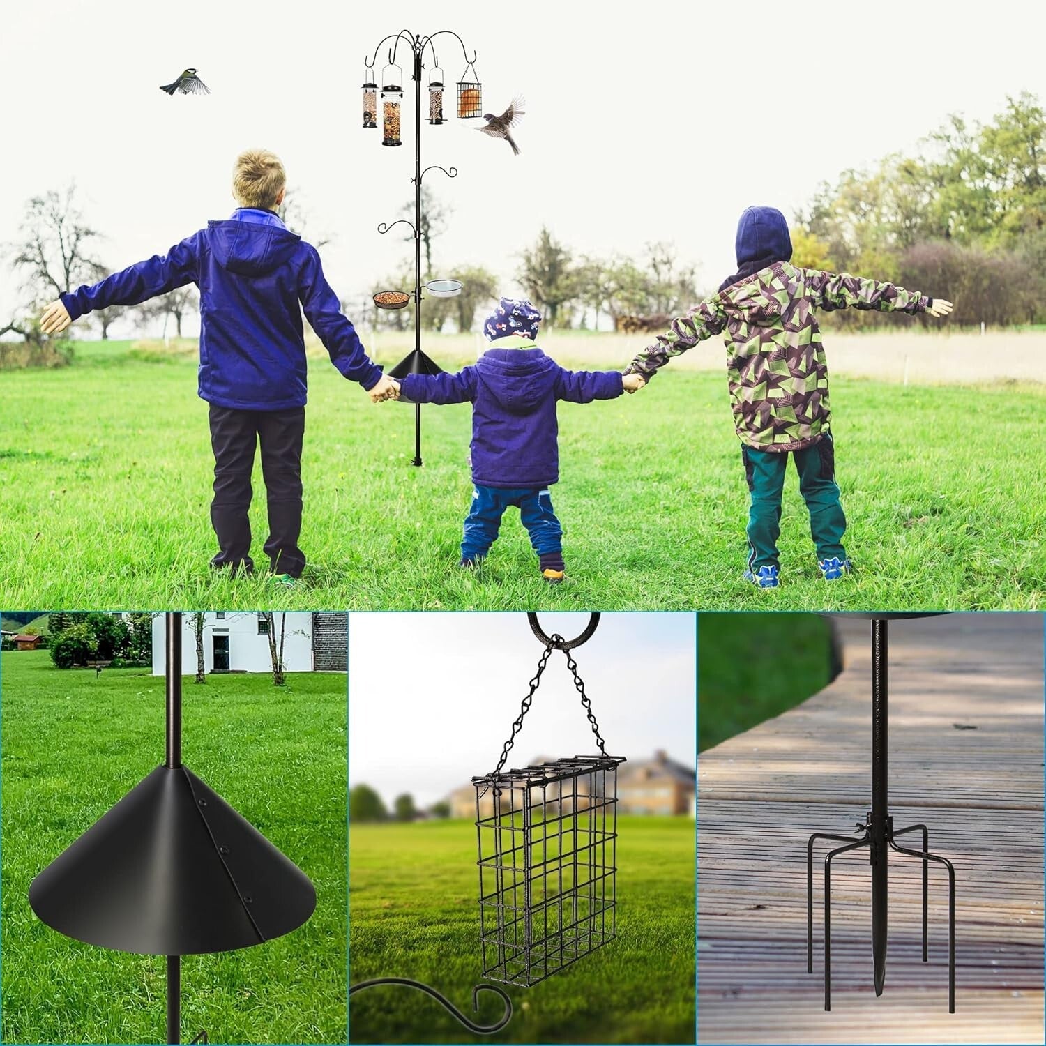 94-Inch Attracting Wild Birds Stand with 4 Feeders, Bath, & Squirrel Baffle