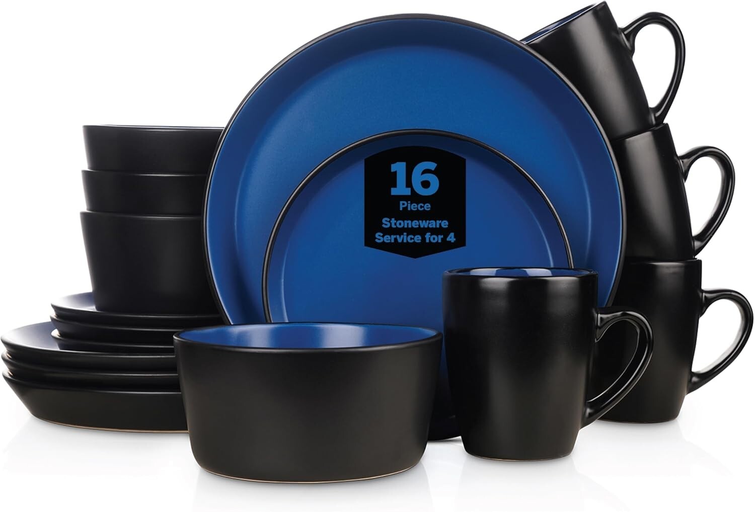 Stylish 16-Piece Blue and Black Stoneware Dinnerware Set for 4 - Modern Elegance