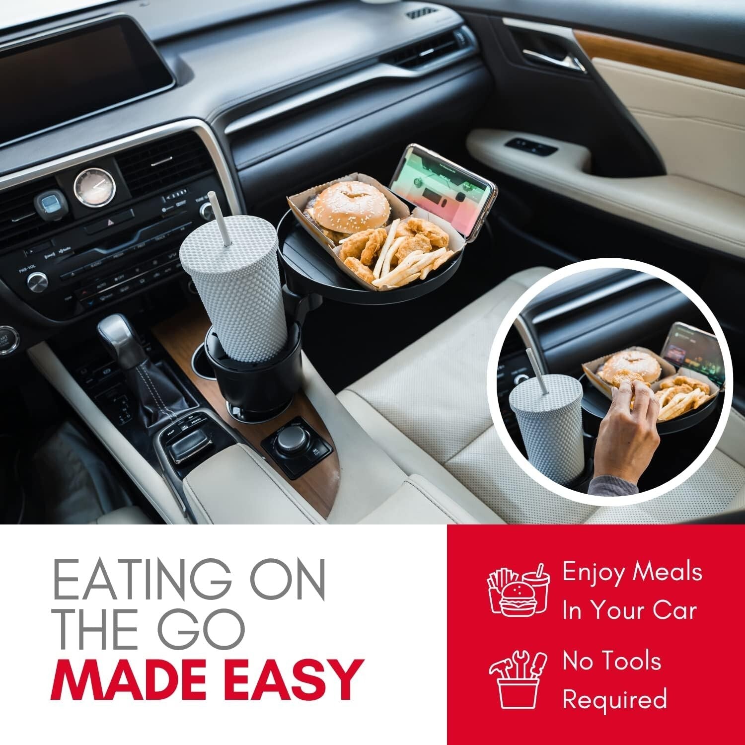 Car Cup Holder Extender with Food Tray and Phone Slot - 360° Rotating Design