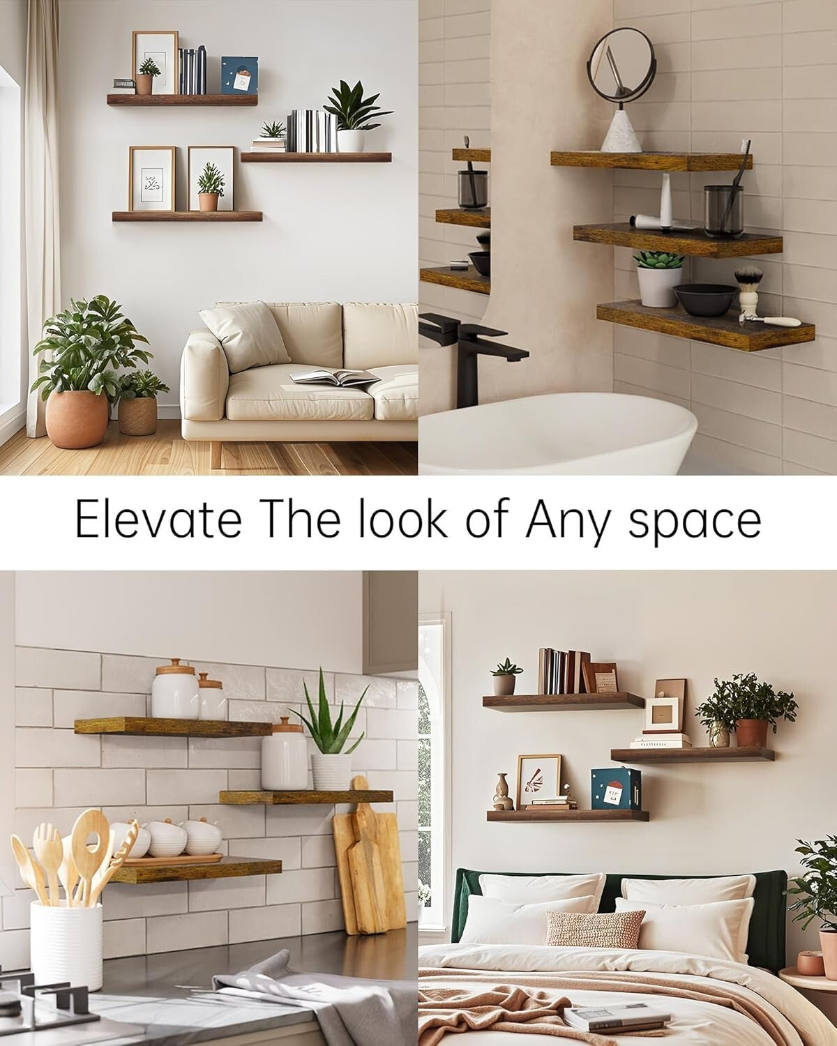 Versatile 22.5-Inch Rustic Wood Floating Shelves for Bathroom & Living Room