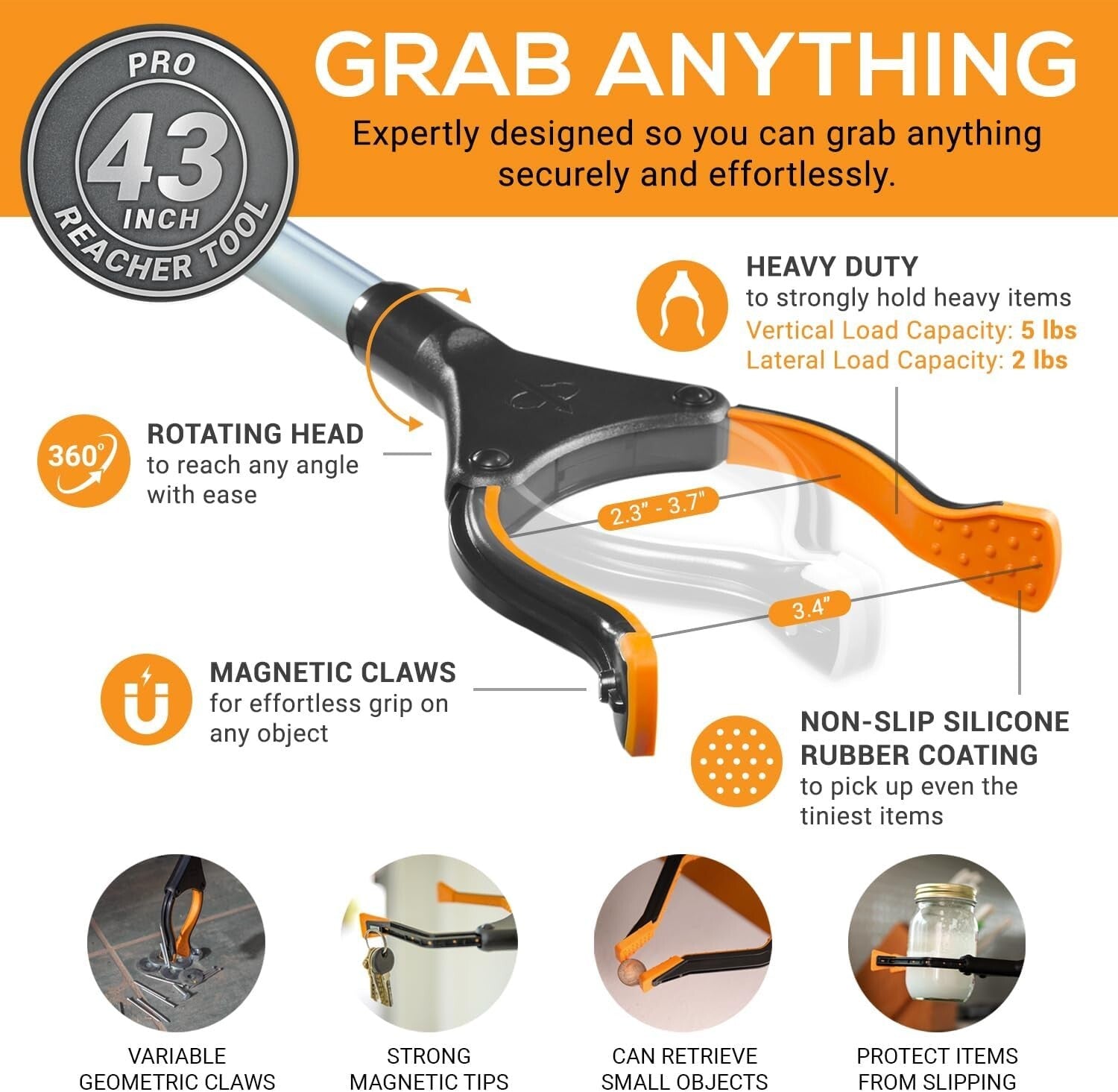 Foldable Grabber Reacher 2-Pack - 43-Inch Heavy Duty Tool for Easy Reaching