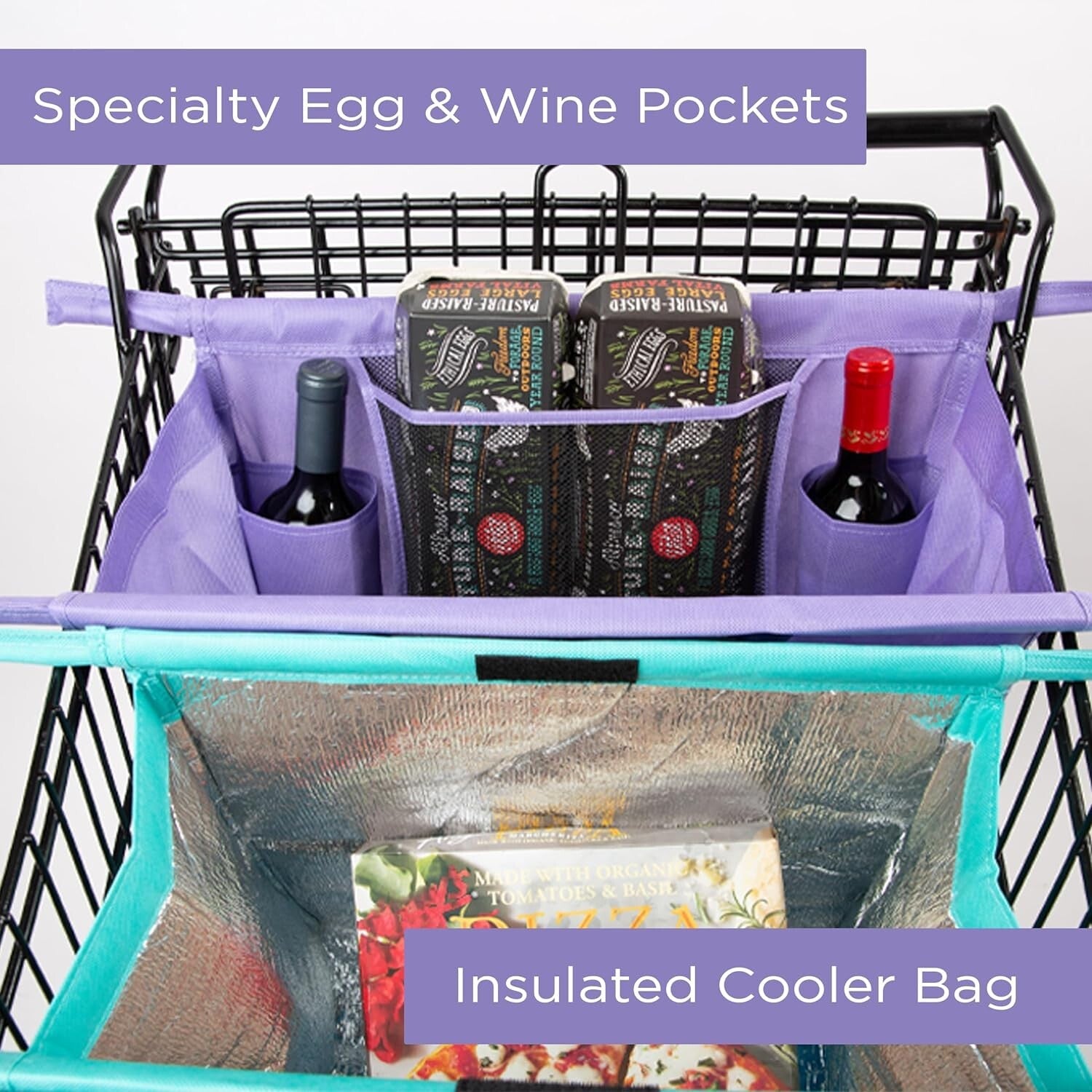 Set of 4 Vibrant Insulated Grocery Bags with Egg & Wine Holder - Eco-Friendly