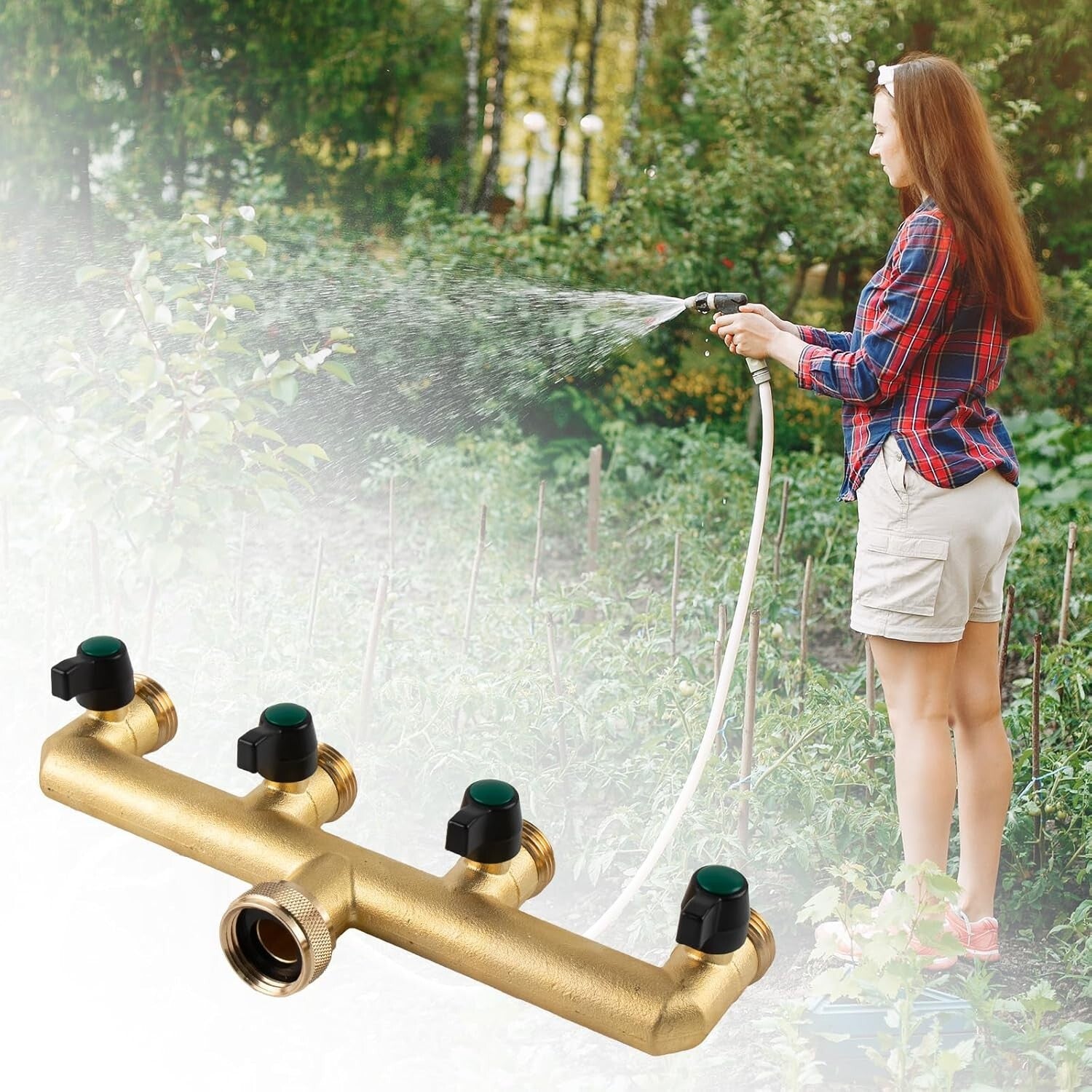 Versatile 4 Way Brass Hose Splitter with Independent Valves for Gardening