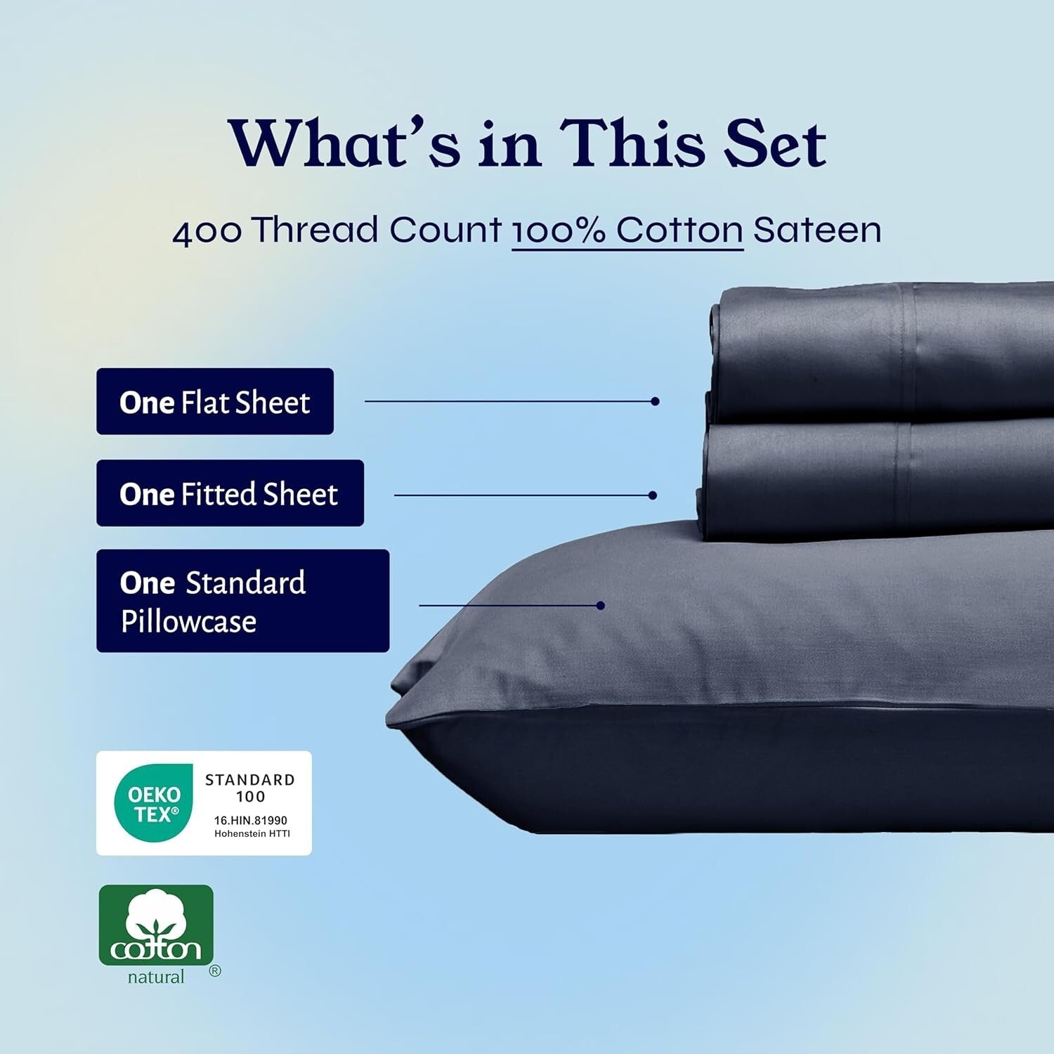 Breathable Cooling Twin Bed Sheets Set – 400 TC Indigo Cotton, Deep Pocket