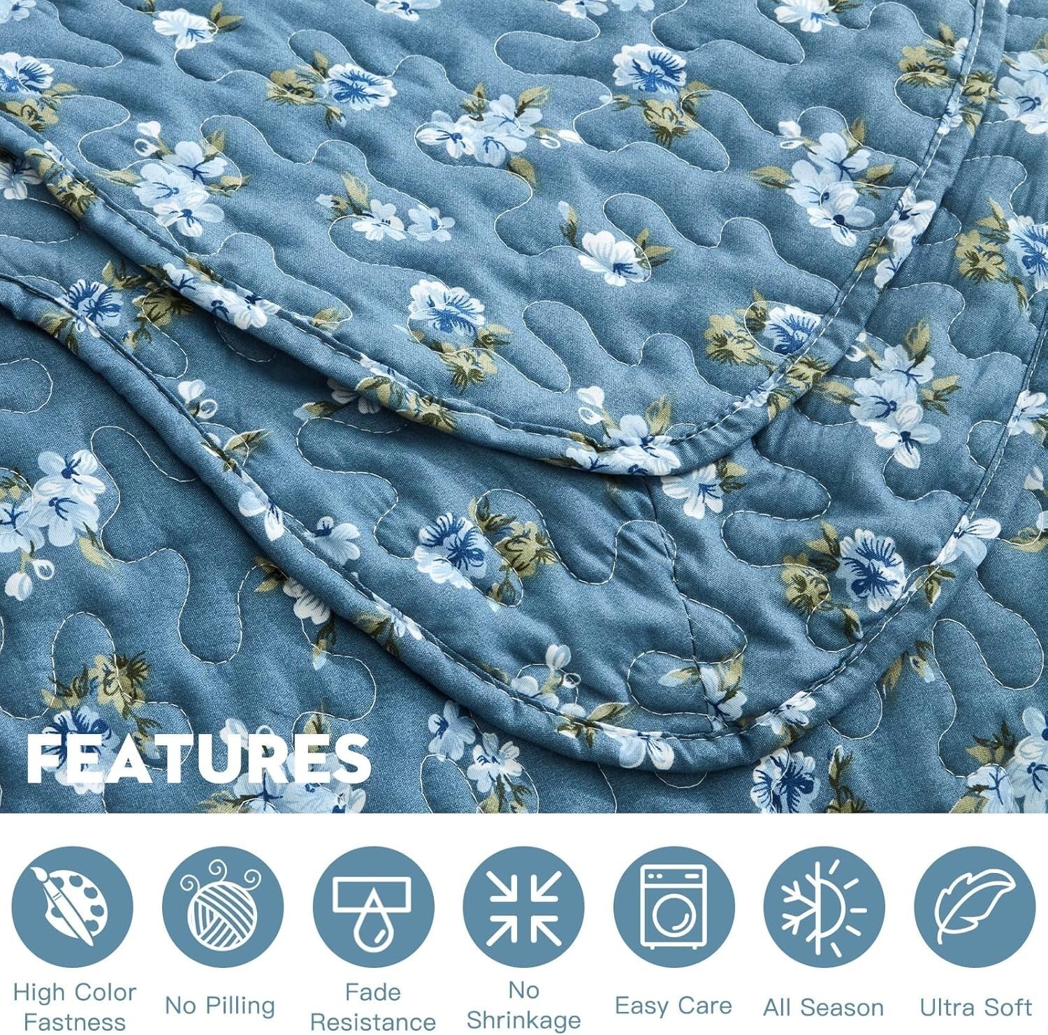 Luxury King Size Quilt Set - Lightweight Floral Bedspread with Scalloped Edge