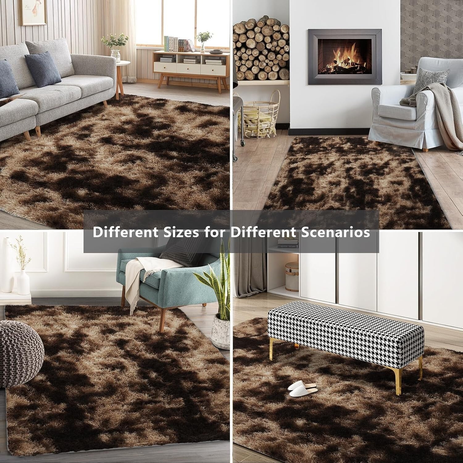 Elegant 9X12 Feet High Pile Shag Rug - Luxurious Mottling Brown for Bedrooms