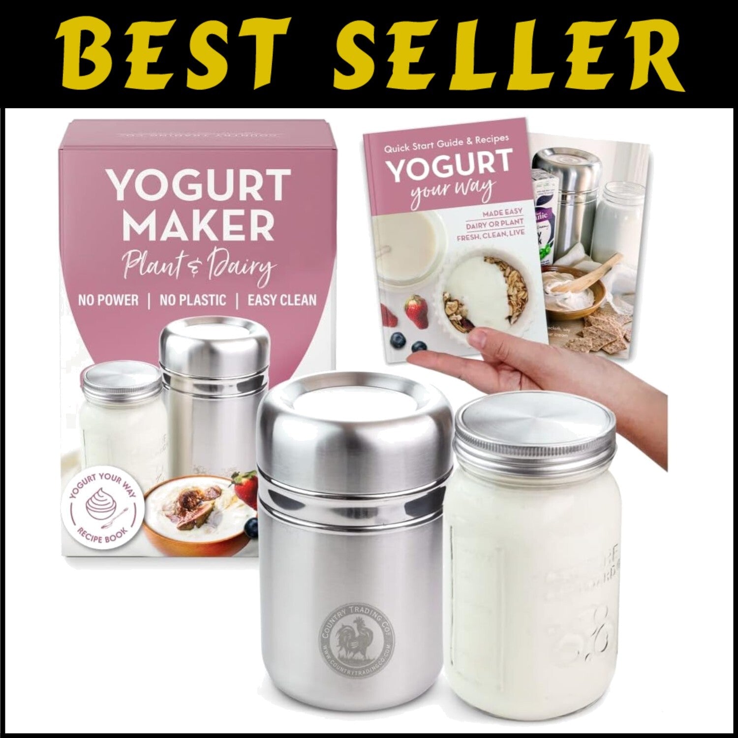 Compact Stainless Steel Yogurt Maker with 1 Quart Glass Jar & Recipe Book