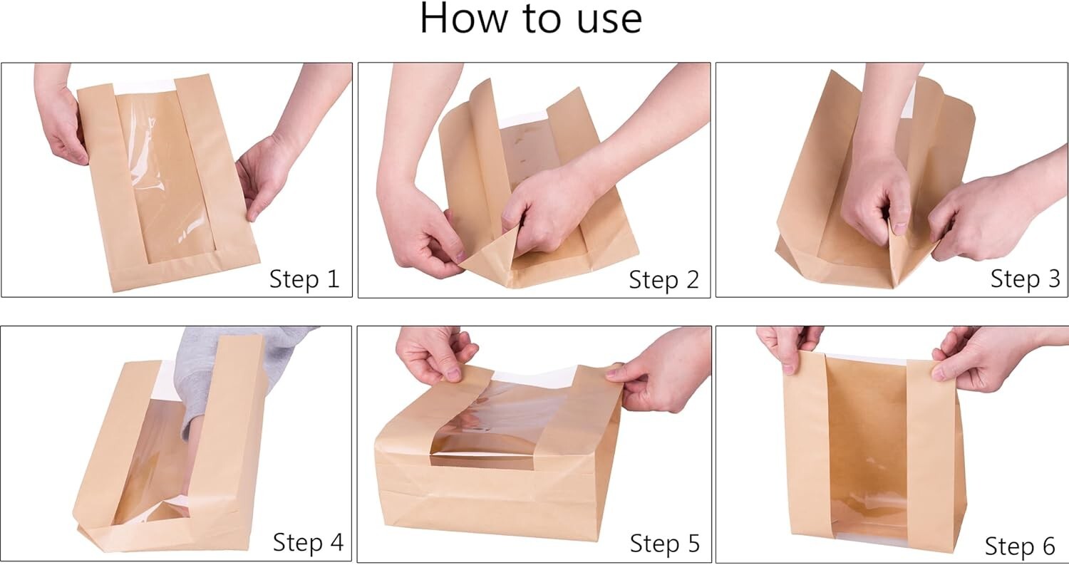 200-Pack Large Kraft Paper Bakery Bags with Window for Stylish Bread Storage
