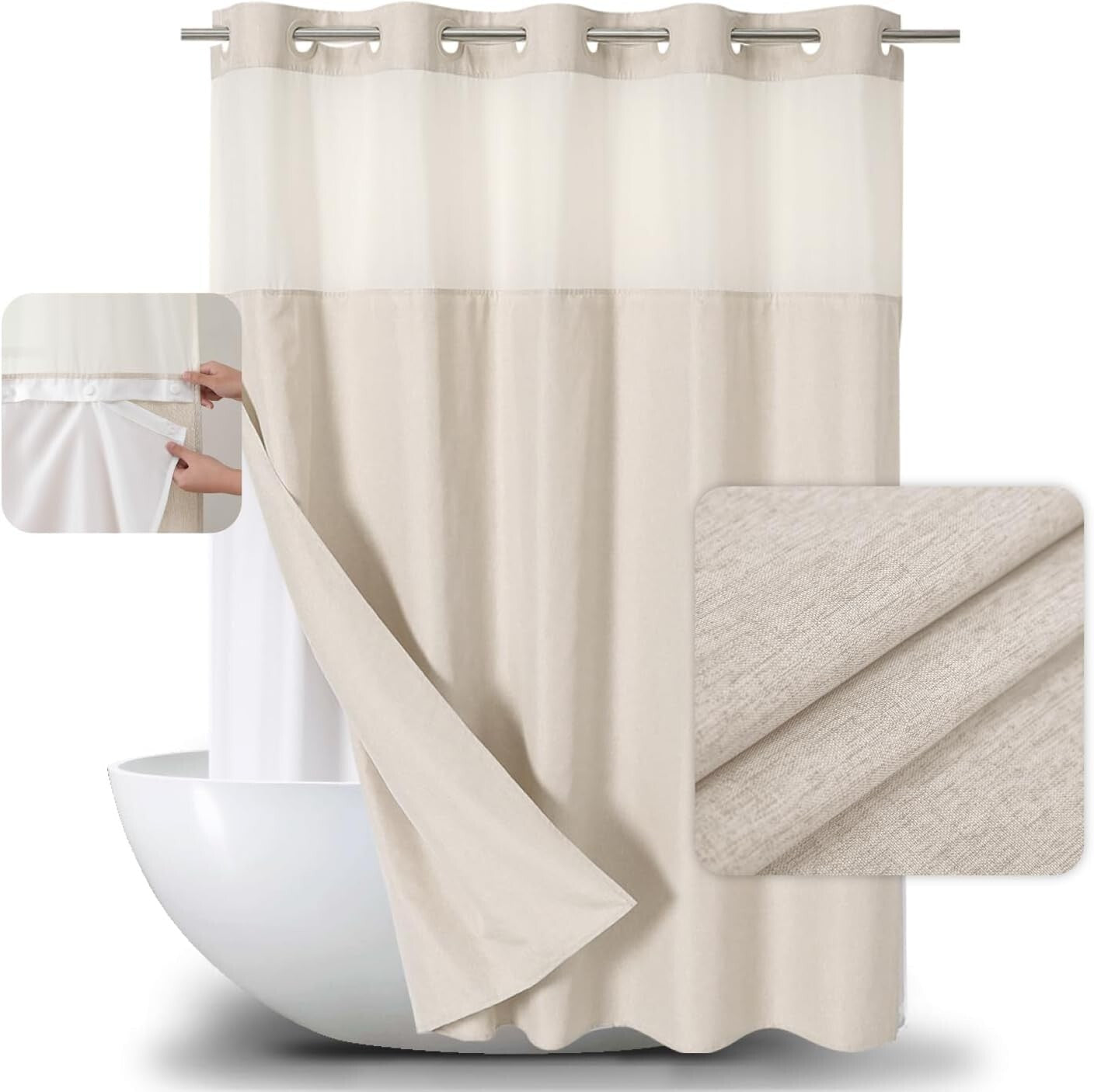 Elegant Cream Linen Shower Curtain with Snap-in Liner - 71WX86H Grommet Style