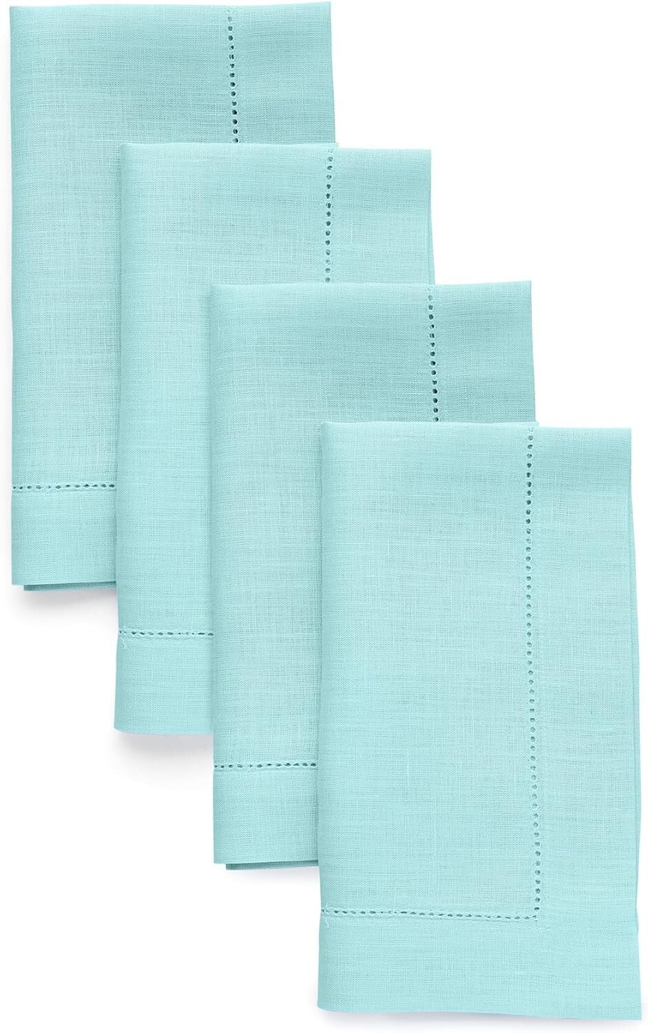 Handcrafted Aqua Blue Linen Napkins - Set of 4, 20 x 20 Inch, Hemstitch Design