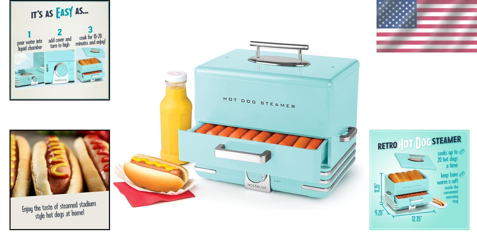Aqua Hot Dog Steamer with Bun Warmer - Perfect for Parties & Gatherings