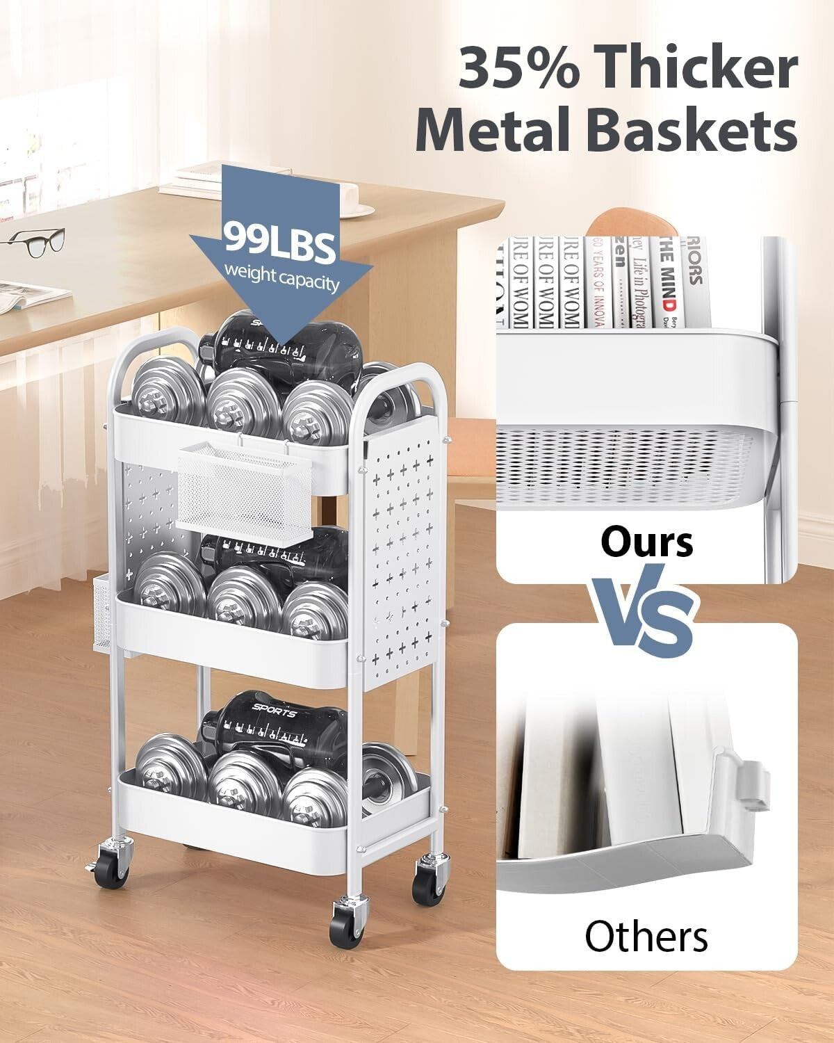 Durable 3-Tier Rolling Cart with Baskets & Hooks - Easy Assembly Required