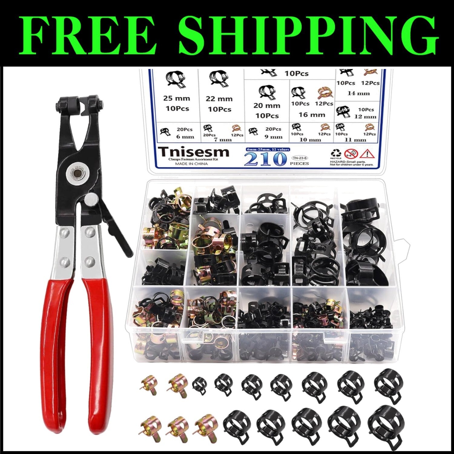 Precision 210-Piece Spring Hose Clamp Kit with Pliers for Fuel & Vacuum Lines
