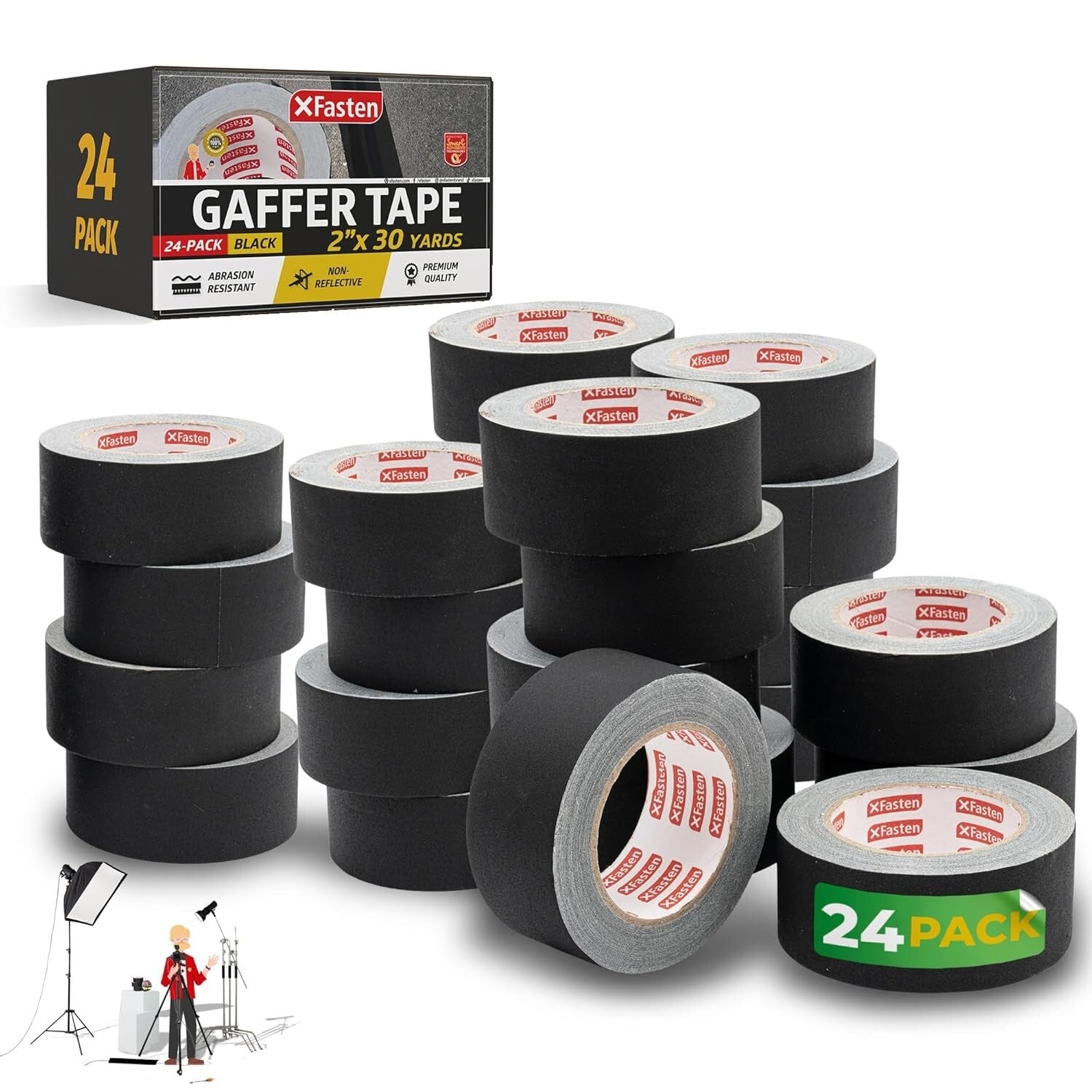 Black Gaffer Tape 2 Inch x 30 Yards - 24-Pack, Residue-Free Heavy-Duty Solution