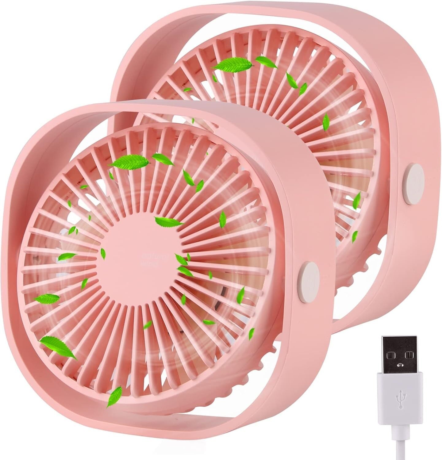 2-Piece Ultra Quiet Portable Pink Table Fan with 360° Rotation & USB Power