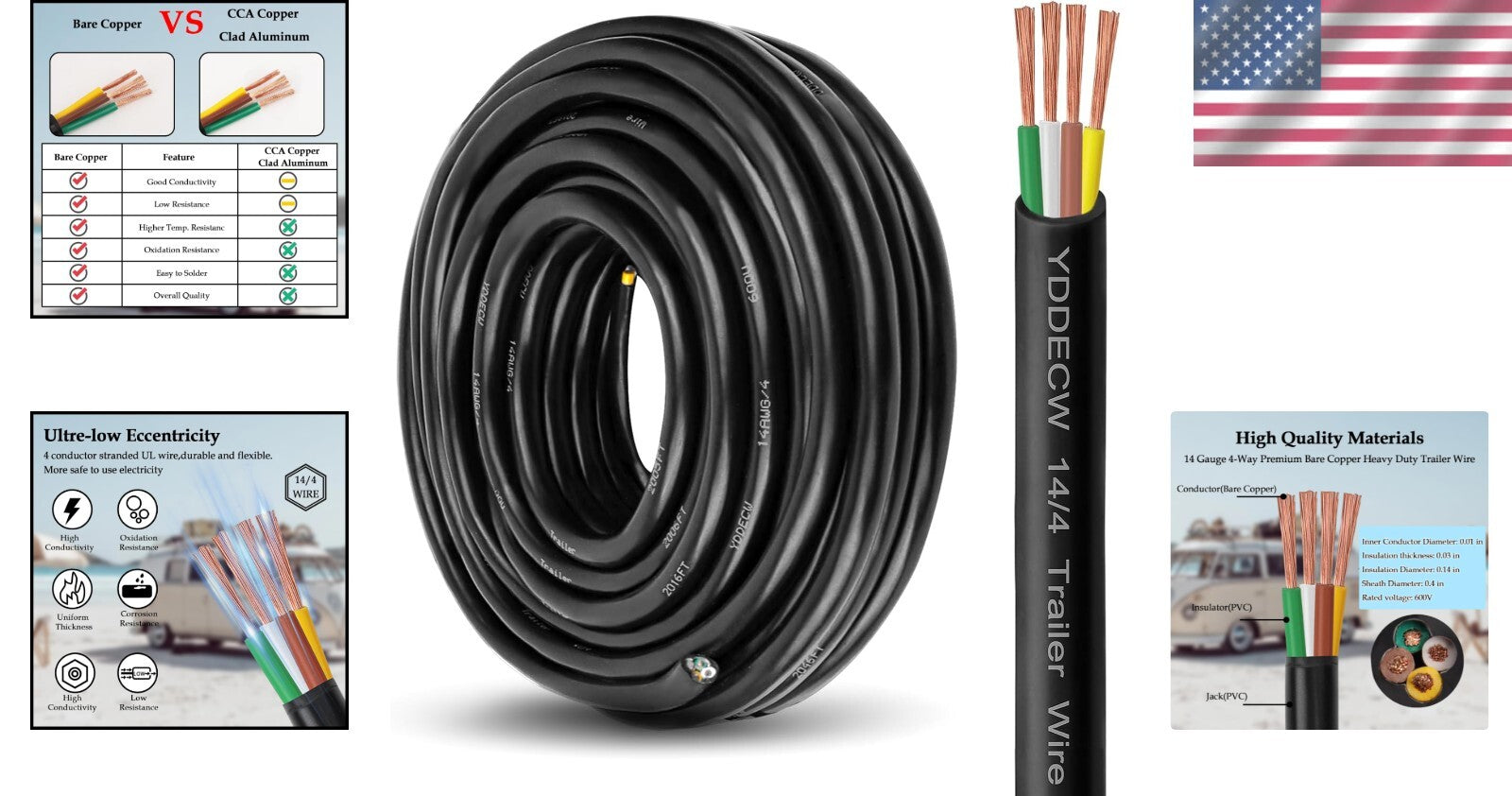 Heavy-Duty 14 Gauge 4 Conductor Copper Cable - 50FT Insulated Wiring for RVs
