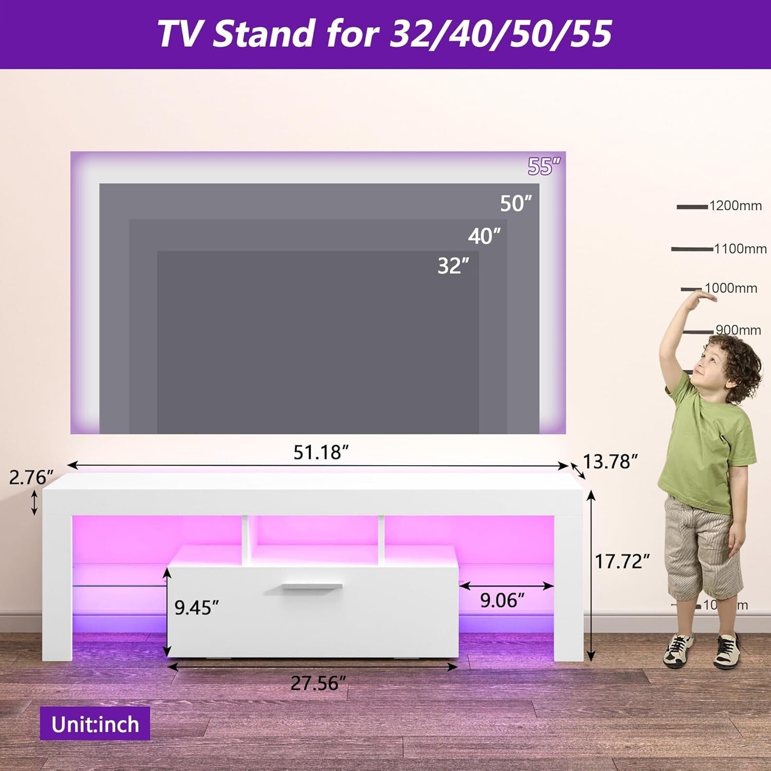 Modern White Entertainment Center with Large Drawer and 20-Color LED Lighting