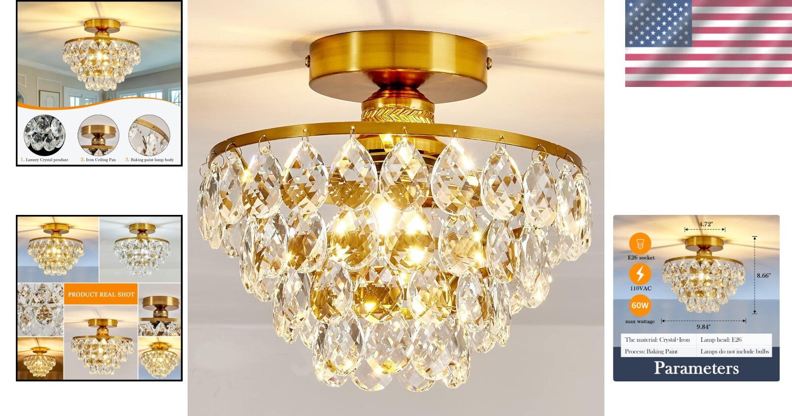 Elegant Gold Crystal Chandelier Semi-Flush Mount Light for Modern Interiors